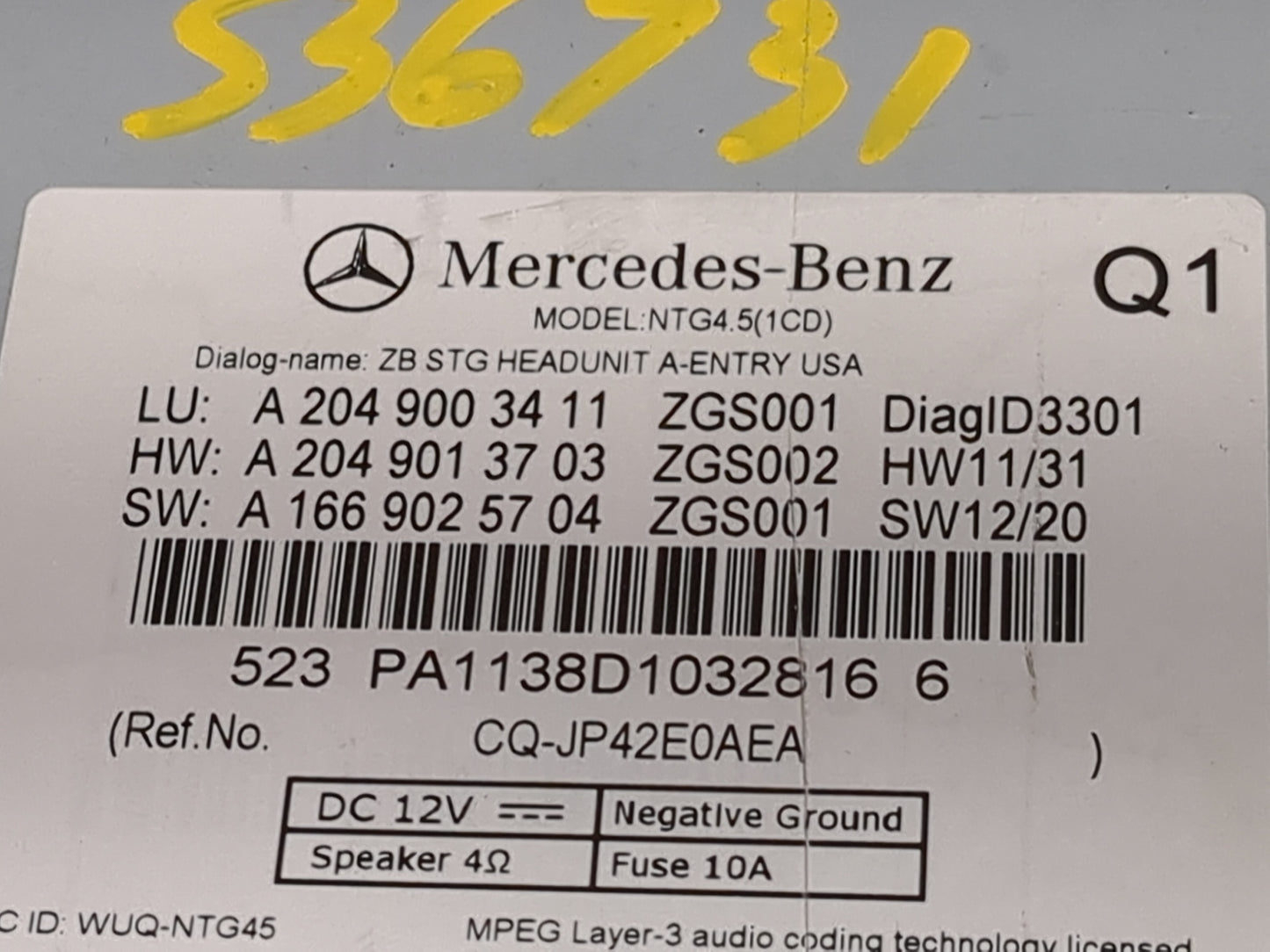 2013 Mercedes-Benz C-Class Radio AM FM Cd Player Receiver Replacement P/N:A2049003411 A2049013703, A1669025704, CQ-JP42E0AEA
