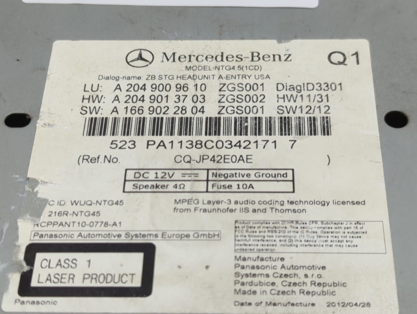 2013 Mercedes-Benz C300 Radio AM FM Cd Player Receiver Replacement P/N:A 166 902 28 04 A 204 901 37 03, A 204 900 96 10 Fits