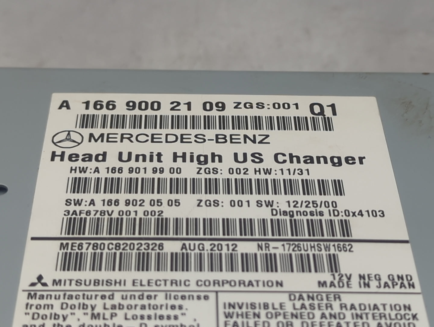 2013 Mercedes-Benz Gl450 Radio AM FM Cd Player Receiver Replacement P/N:A 1669002109 A1669019900, A1669020505 Fits OEM Used 