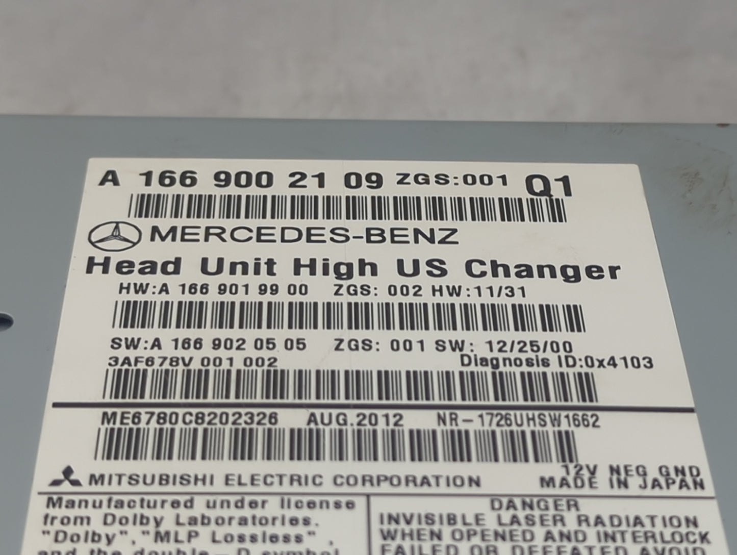 2013 Mercedes-Benz Gl450 Radio AM FM Cd Player Receiver Replacement P/N:A 1669002109 A1669019900, A1669020505 Fits OEM Used 