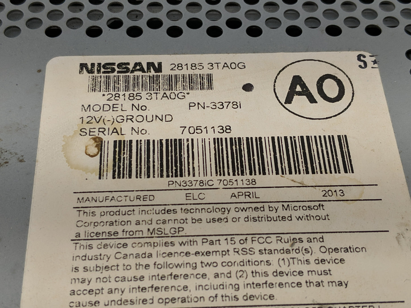 2013-2015 Nissan Altima Radio AM FM Cd Player Receiver Replacement P/N:28185 3TA0G Fits Fits 2013 2014 2015 OEM Used Auto Pa