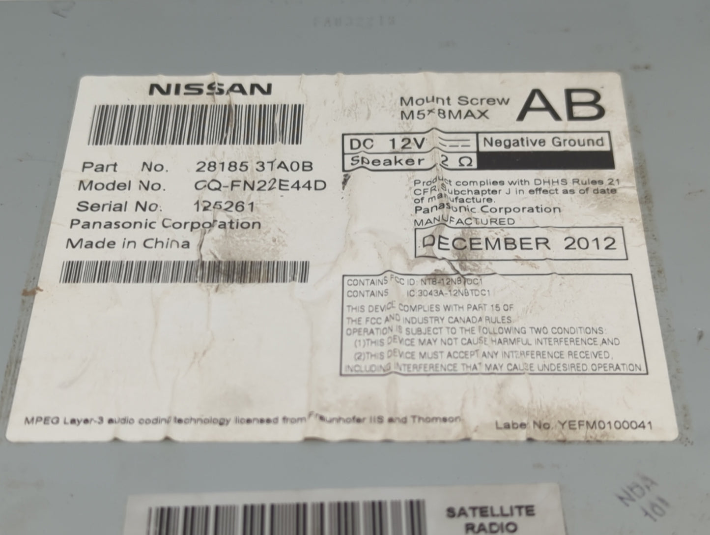 2013 Nissan Altima Radio AM FM Cd Player Receiver Replacement P/N:281853TA0B CQ-FN22E44D Fits OEM Used Auto Parts - Oemuseda