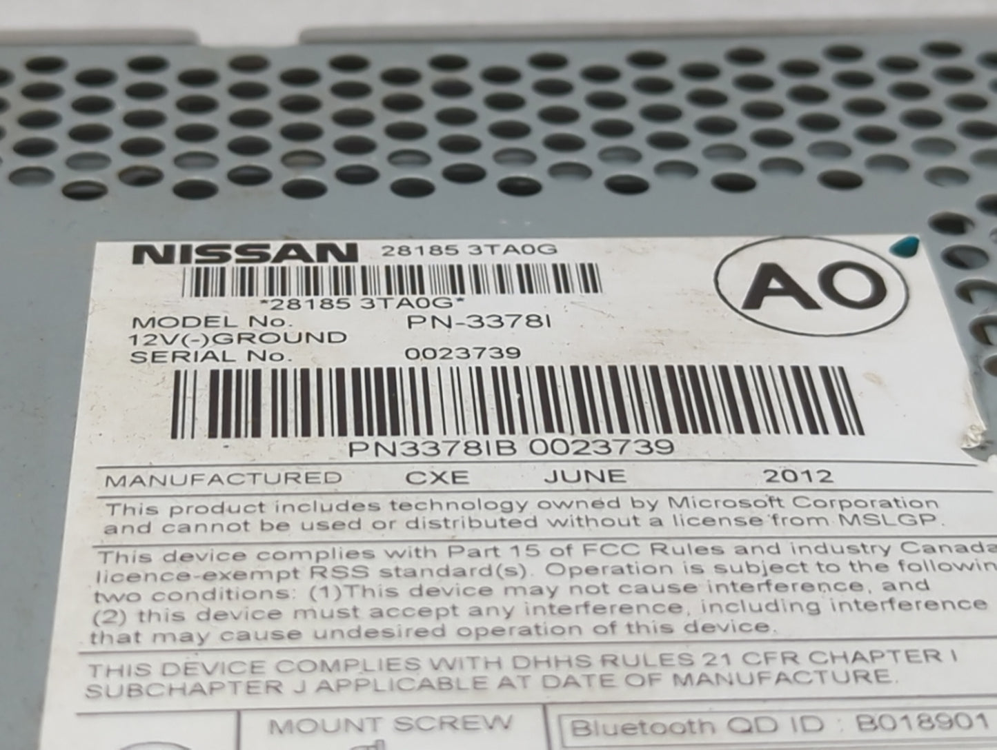 2013-2015 Nissan Altima Radio AM FM Cd Player Receiver Replacement P/N:28185 3TA0G Fits Fits 2013 2014 2015 OEM Used Auto Pa