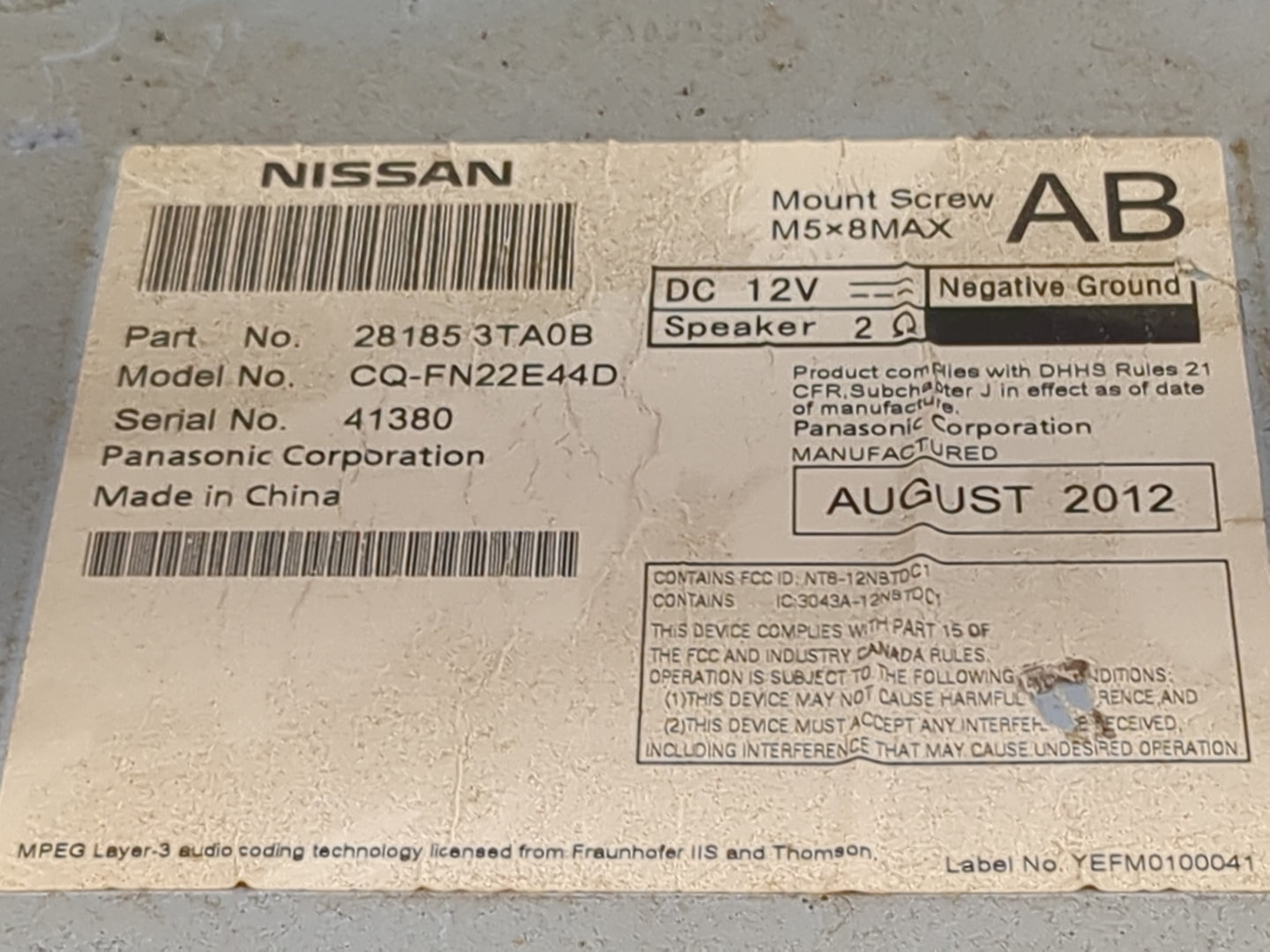 2013-2015 Nissan Altima Radio AM FM Cd Player Receiver Replacement P/N:281853TA0B CQ-FN22E44D, NZLTLMHL4 Fits Fits 2013 2014