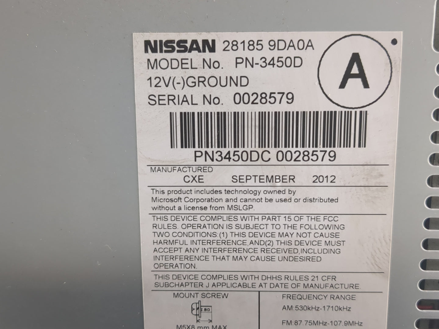 2012-2014 Nissan Maxima Radio AM FM Cd Player Receiver Replacement P/N:28185 9DA0A Fits Fits 2012 2013 2014 OEM Used Auto Pa
