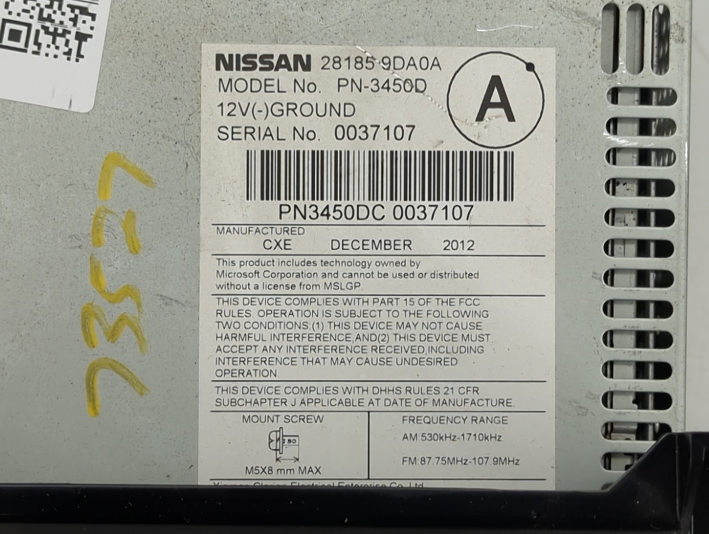 2011-2013 Nissan Maxima Radio AM FM Cd Player Receiver Replacement P/N:28185 9DA0A Fits Fits 2011 2012 2013 OEM Used Auto Pa
