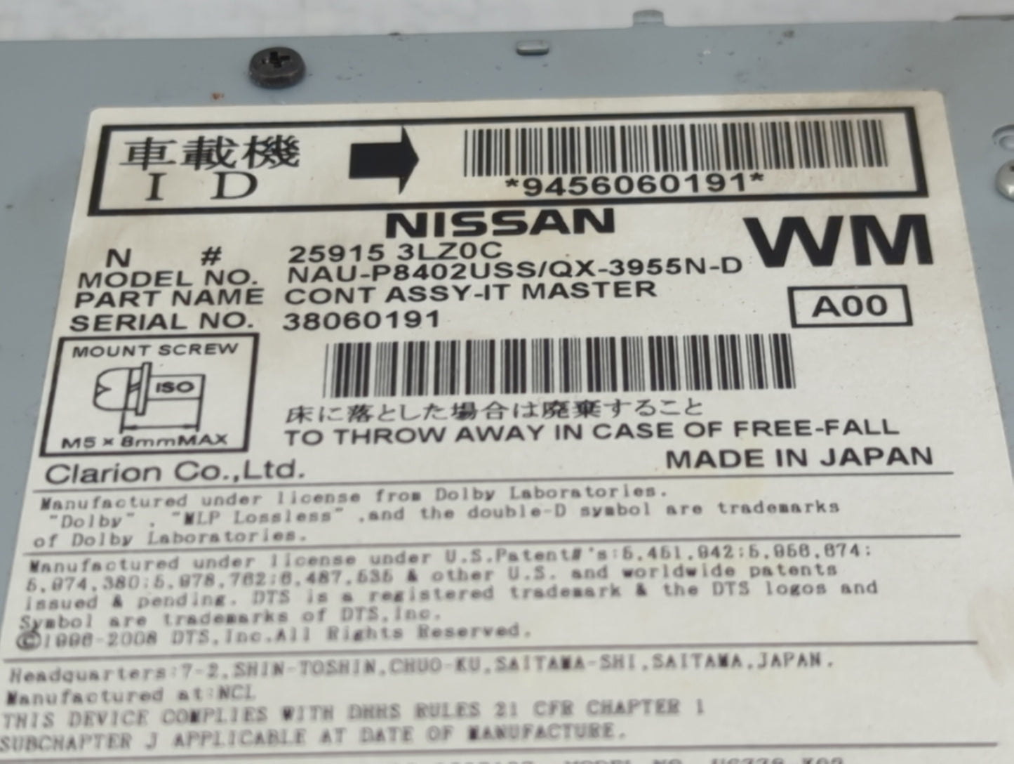 2013-2014 Nissan Murano Radio AM FM Cd Player Receiver Replacement P/N:25915 3LZ0C NAU-P8402USS/QX-3955N-D Fits OEM Used Aut