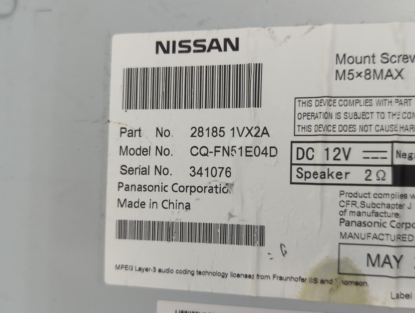 2012-2015 Nissan Rogue Radio AM FM Cd Player Receiver Replacement P/N:28185 1VX2A CQ-FN51E04D Fits Fits 2012 2013 2014 2015 
