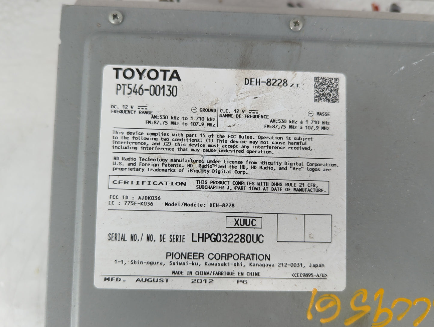2013-2015 Scion Fr-S Radio AM FM Cd Player Receiver Replacement P/N:PT546-00130 Fits Fits 2012 2013 2014 2015 2016 OEM Used 
