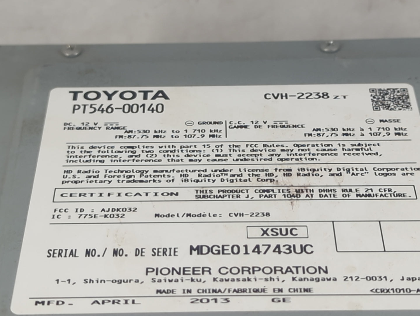 2013-2015 Scion Fr-S Radio AM FM Cd Player Receiver Replacement P/N:PT546-00140 CVH-2238 Fits Fits 2012 2013 2014 2015 2016 