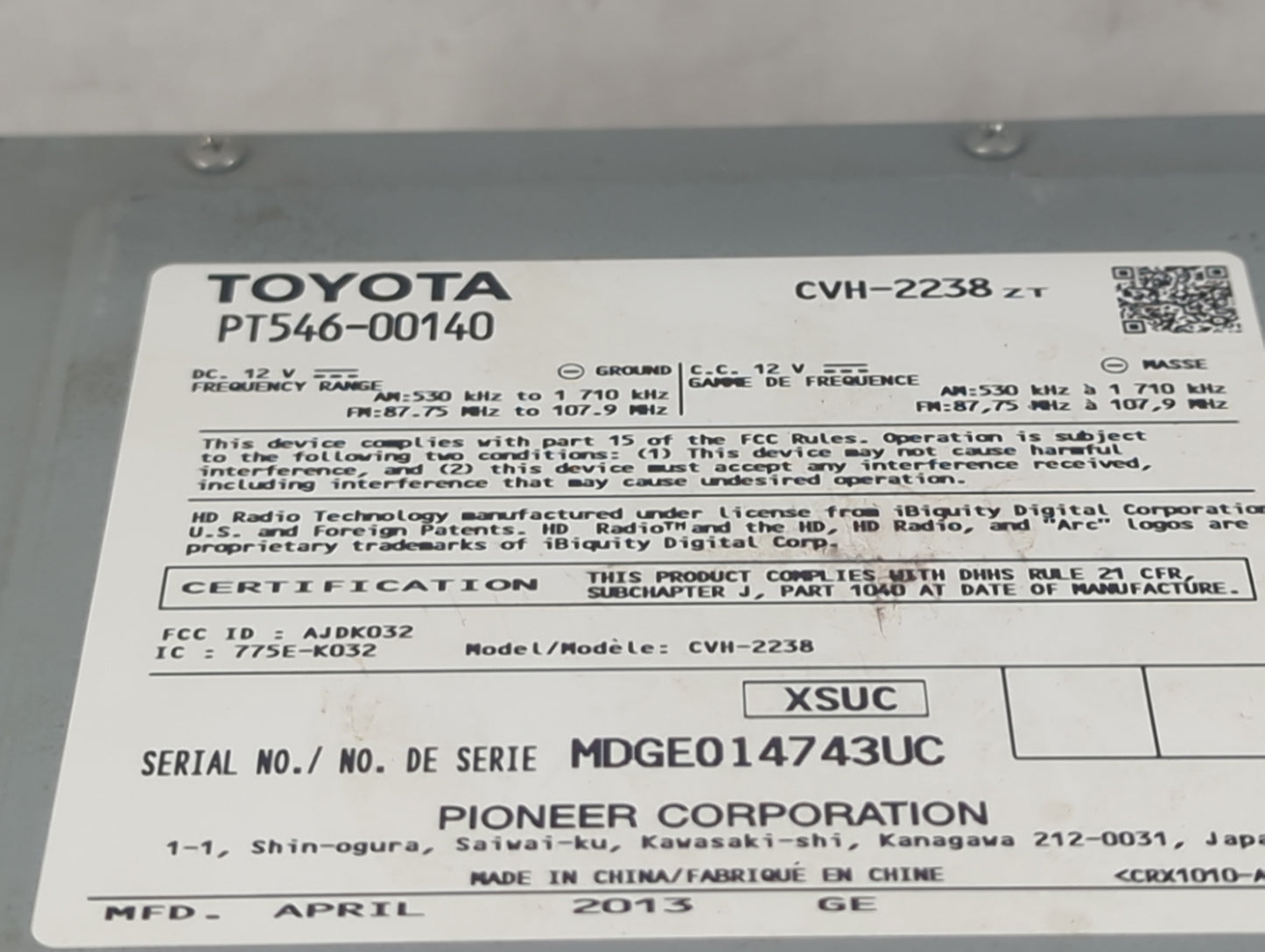 2013-2015 Scion Fr-S Radio AM FM Cd Player Receiver Replacement P/N:PT546-00140 CVH-2238 Fits Fits 2012 2013 2014 2015 2016 