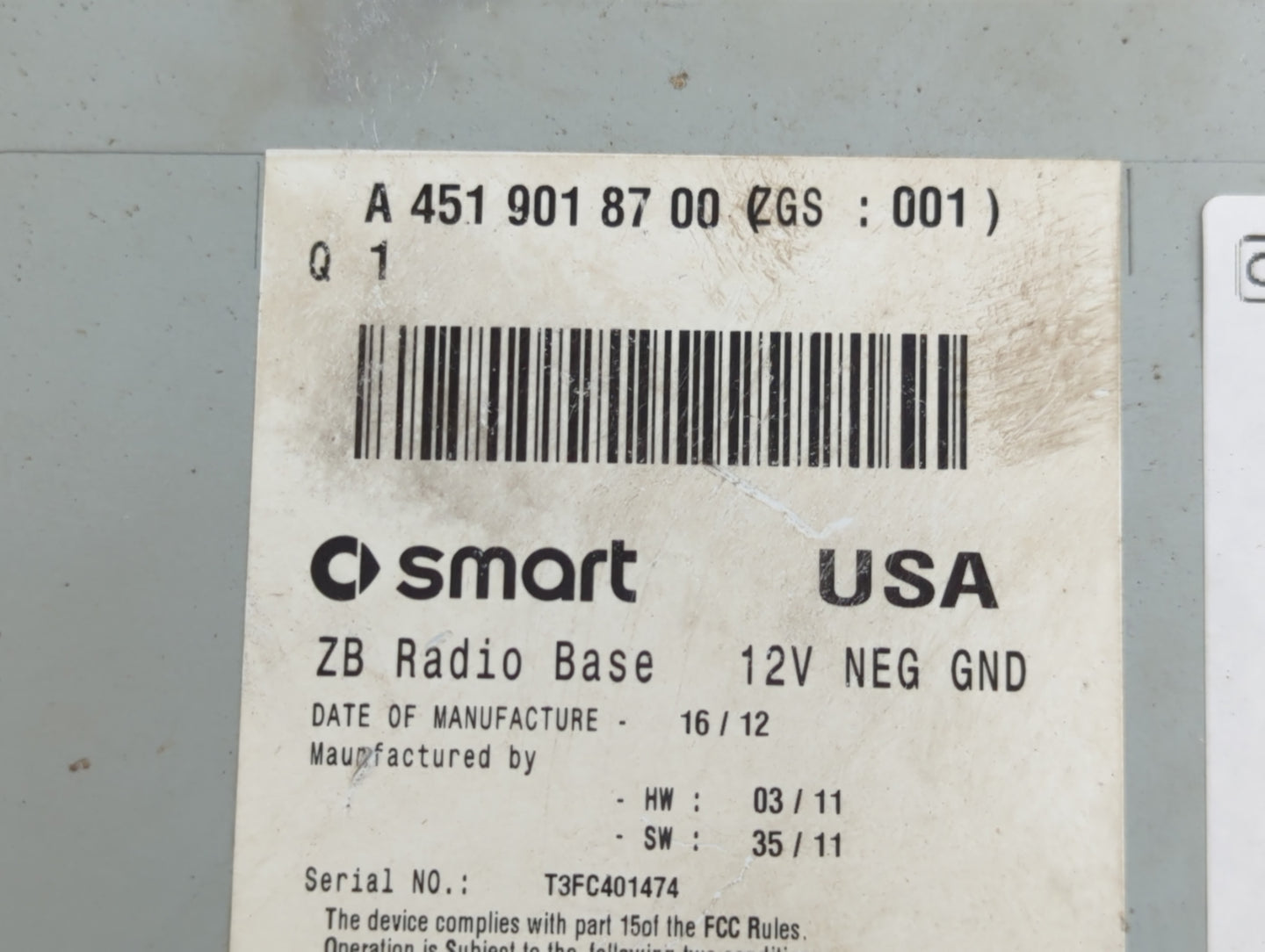 2008-2014 Smart Fortwo Radio AM FM Cd Player Receiver Replacement P/N:A 451 901 87 00 Fits Fits 2008 2009 2010 2011 2012 201