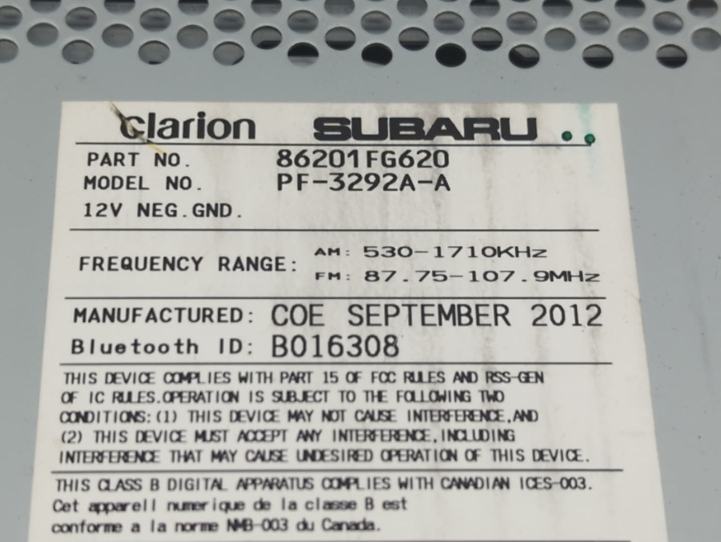 2011-2014 Subaru Impreza Radio AM FM Cd Player Receiver Replacement P/N:86201FG620 Fits Fits 2011 2012 2013 2014 OEM Used Au