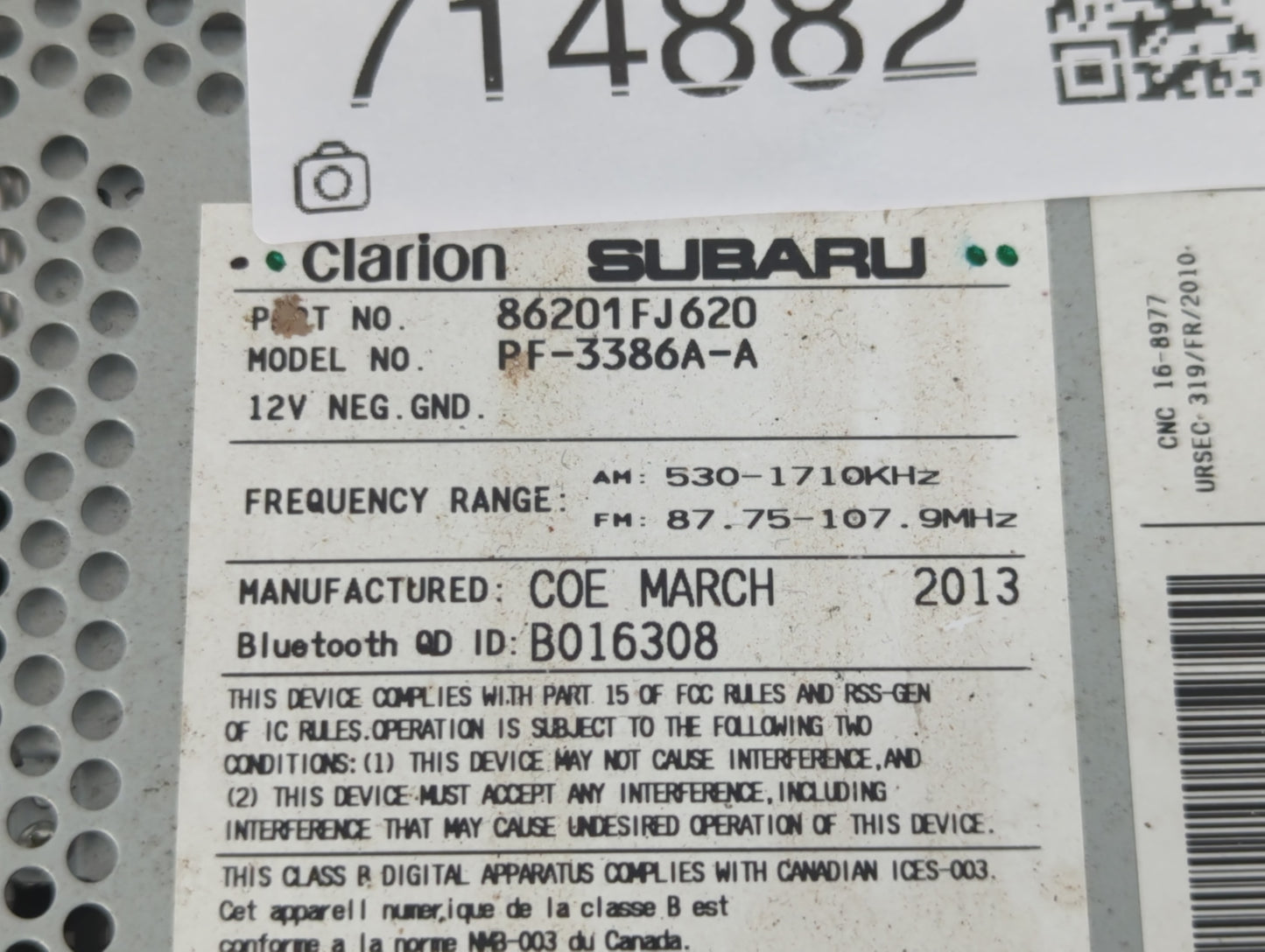 2012-2014 Subaru Impreza Radio AM FM Cd Player Receiver Replacement P/N:86201FJ620 Fits Fits 2012 2013 2014 OEM Used Auto Pa