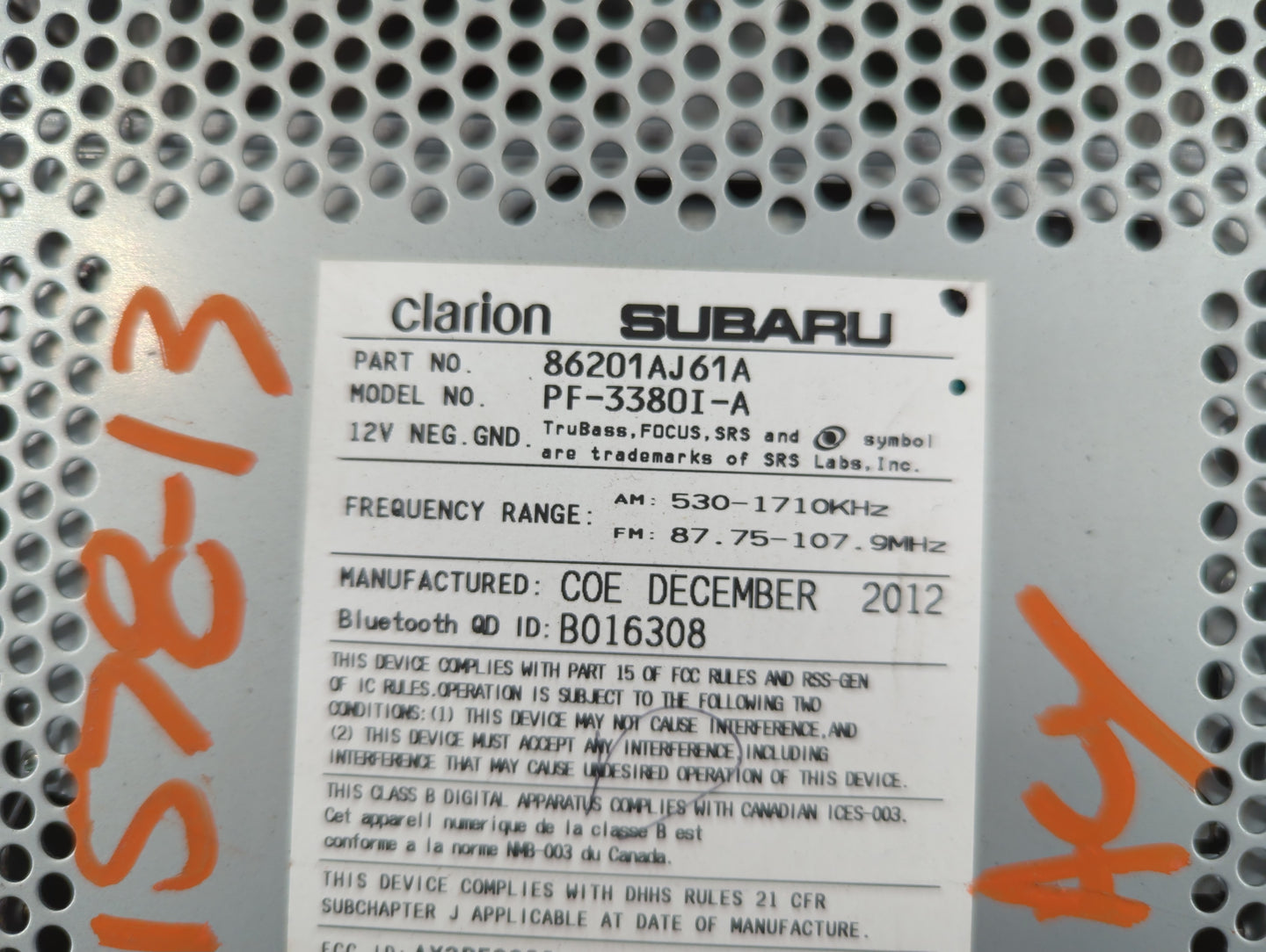 2012-2014 Subaru Legacy Radio AM FM Cd Player Receiver Replacement P/N:86201AJ61A Fits Fits 2012 2013 2014 OEM Used Auto Par