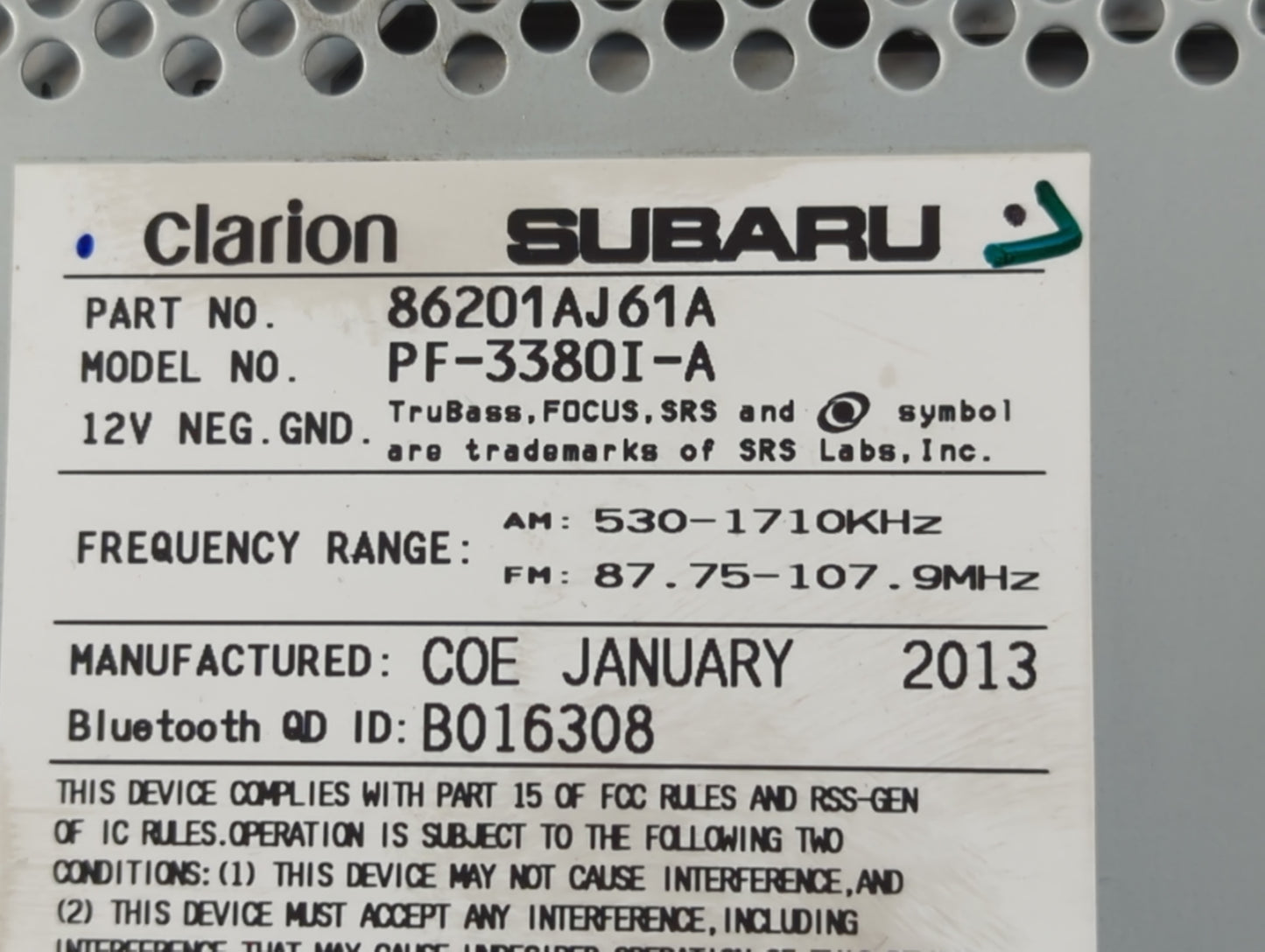 2012-2014 Subaru Legacy Radio AM FM Cd Player Receiver Replacement P/N:86201AJ61A Fits Fits 2012 2013 2014 OEM Used Auto Par