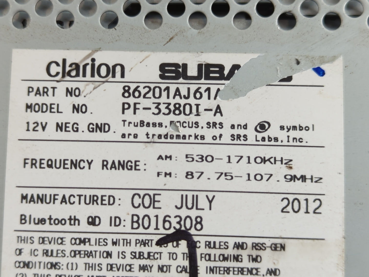 2012-2014 Subaru Legacy Radio AM FM Cd Player Receiver Replacement P/N:86201AJ61A Fits Fits 2012 2013 2014 OEM Used Auto Par