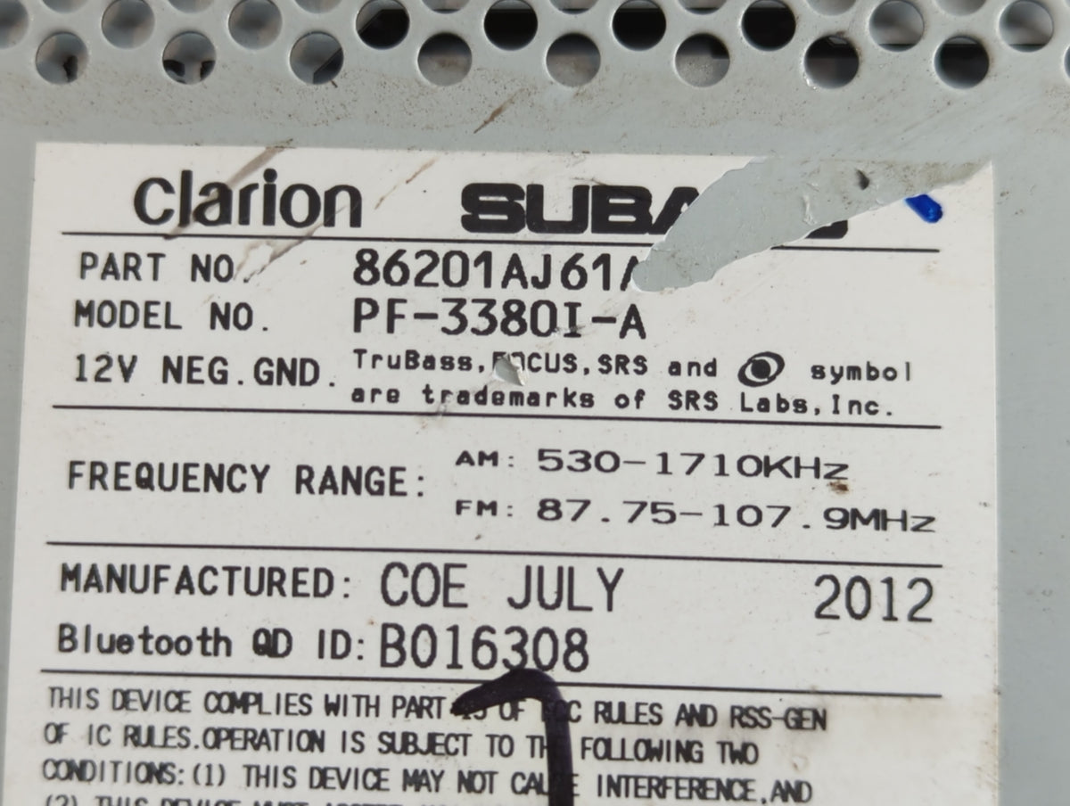 2012-2014 Subaru Legacy Radio AM FM Cd Player Receiver Replacement P/N:86201AJ61A Fits 2012 2013 2014 OEM Used Auto Parts - 