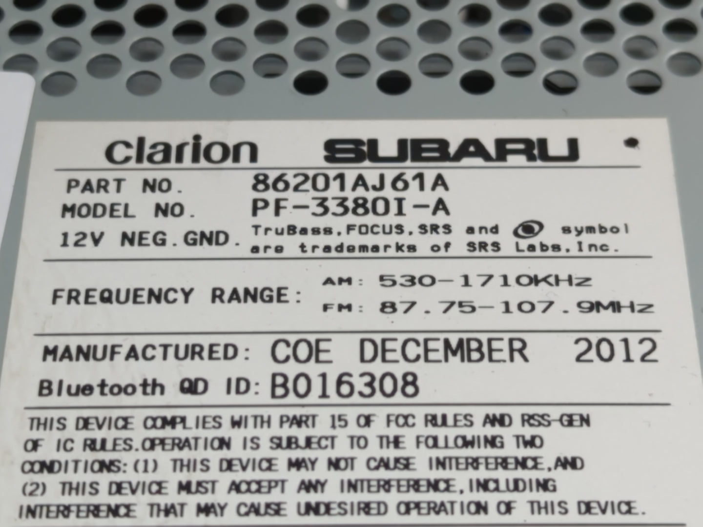 2013 Subaru Legacy Radio AM FM Cd Player Receiver Replacement P/N:86201AJ61A Fits OEM Used Auto Parts - Oemusedautoparts1.co