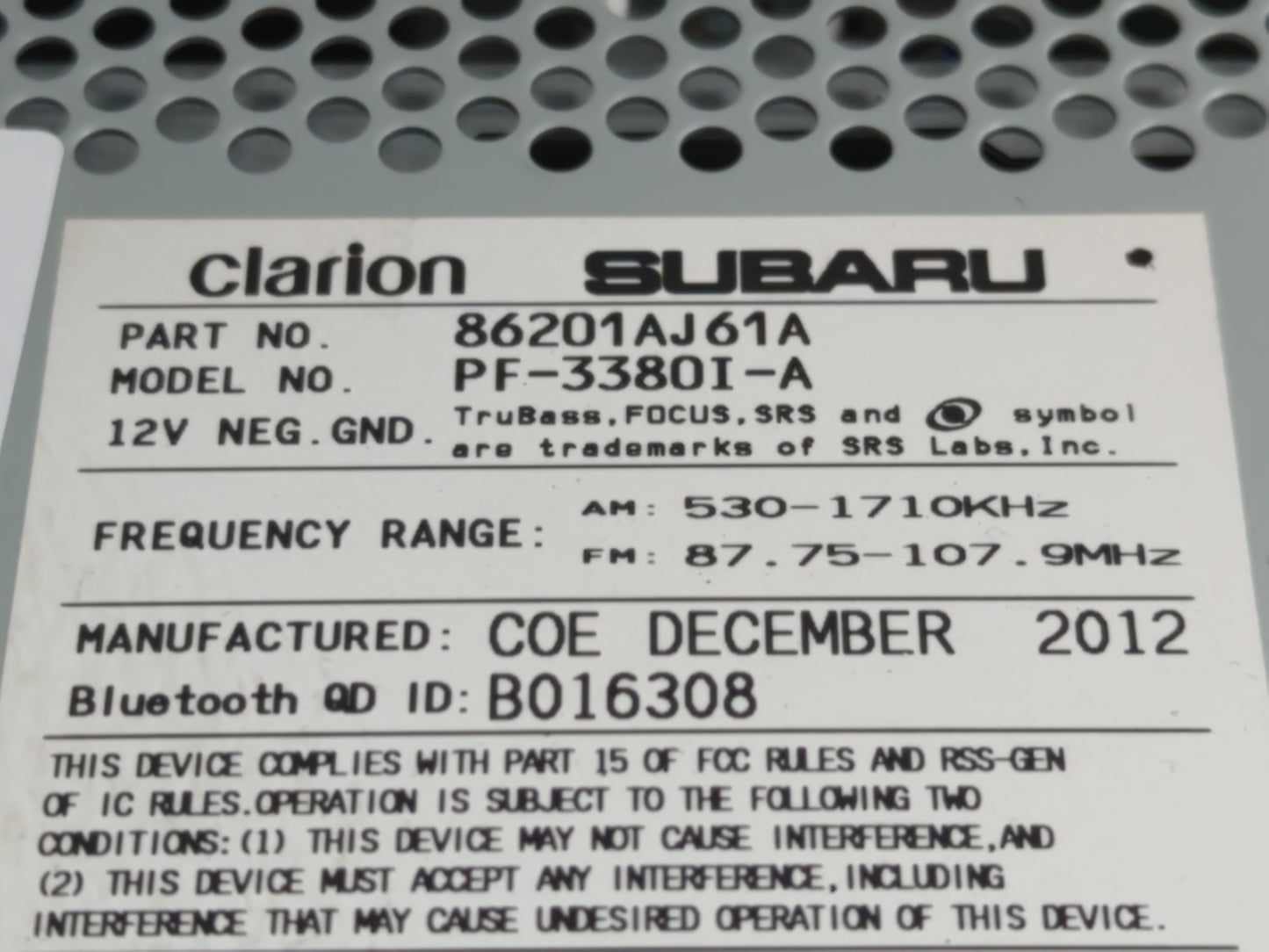 2013 Subaru Legacy Radio AM FM Cd Player Receiver Replacement P/N:86201AJ61A Fits OEM Used Auto Parts - Oemusedautoparts1.co