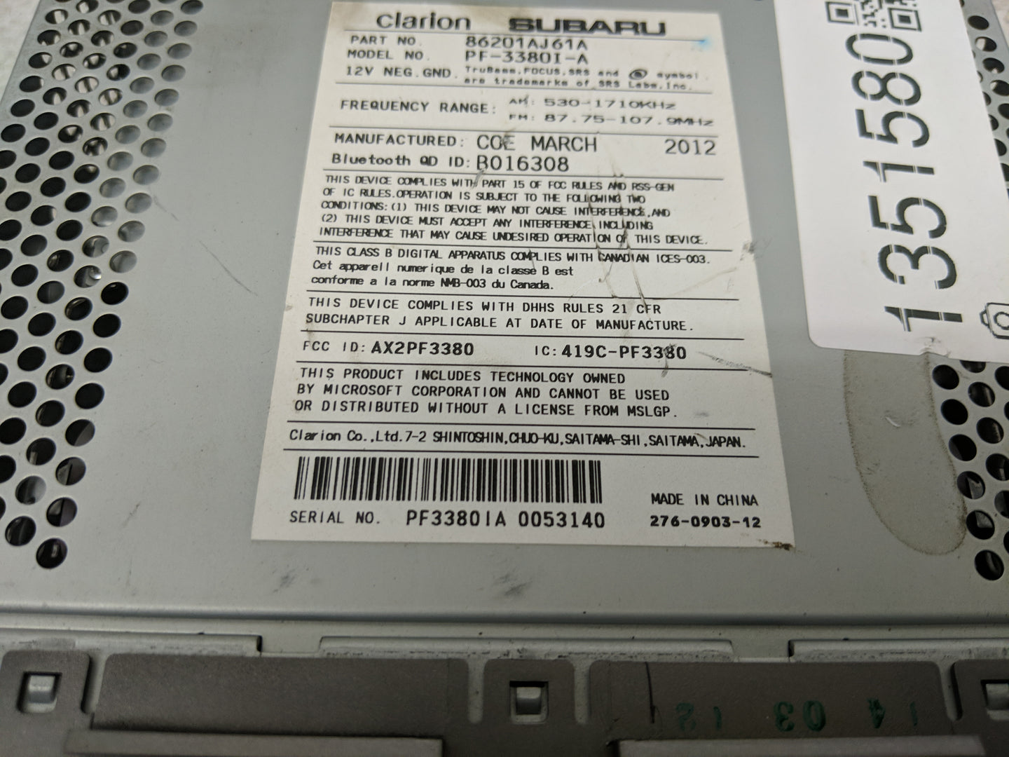 2012-2014 Subaru Legacy Radio AM FM Cd Player Receiver Replacement P/N:86201AJ61A Fits Fits 2012 2013 2014 OEM Used Auto Par