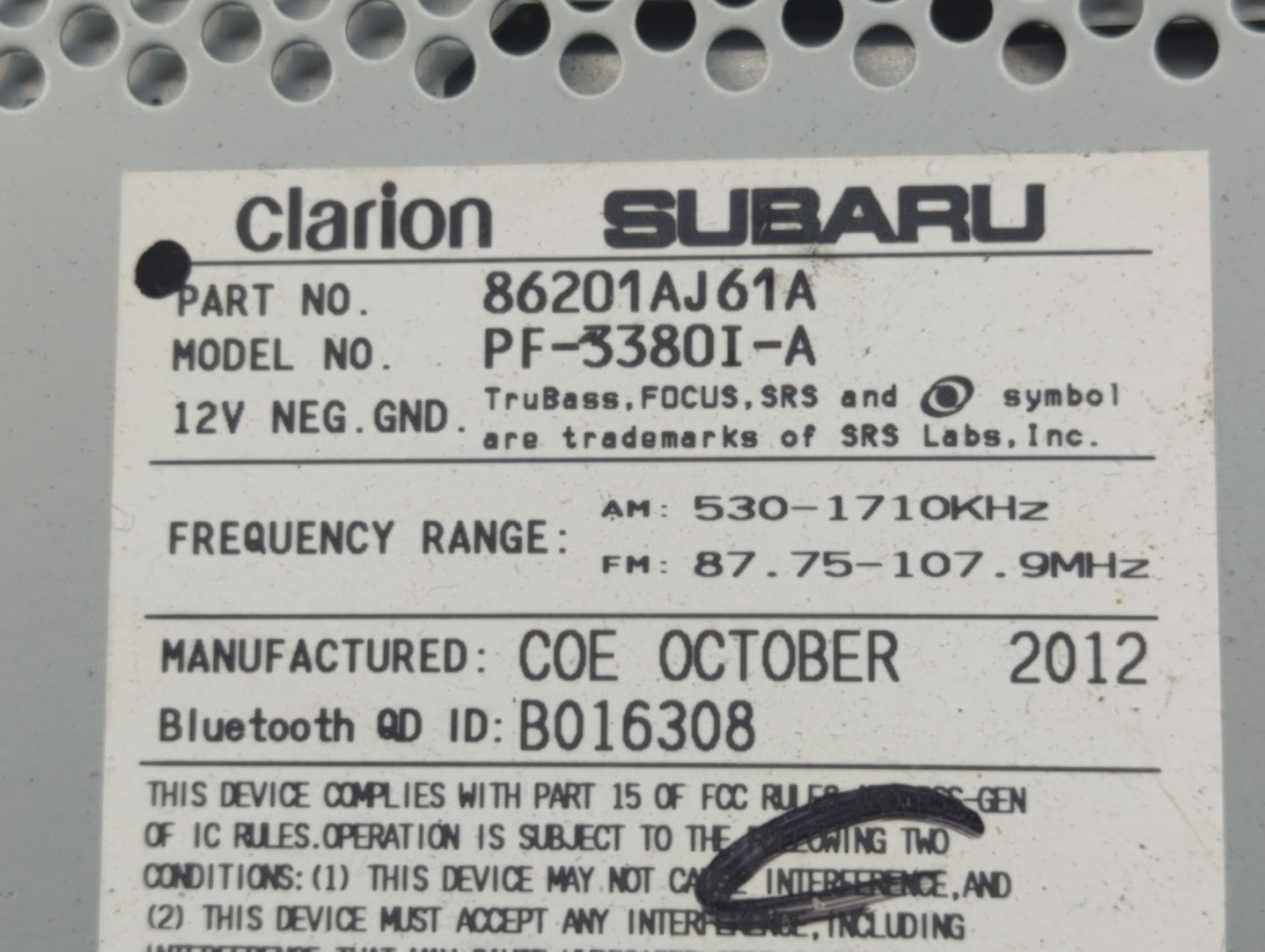 2012-2014 Subaru Legacy Radio AM FM Cd Player Receiver Replacement P/N:86201AJ61A Fits Fits 2012 2013 2014 OEM Used Auto Par