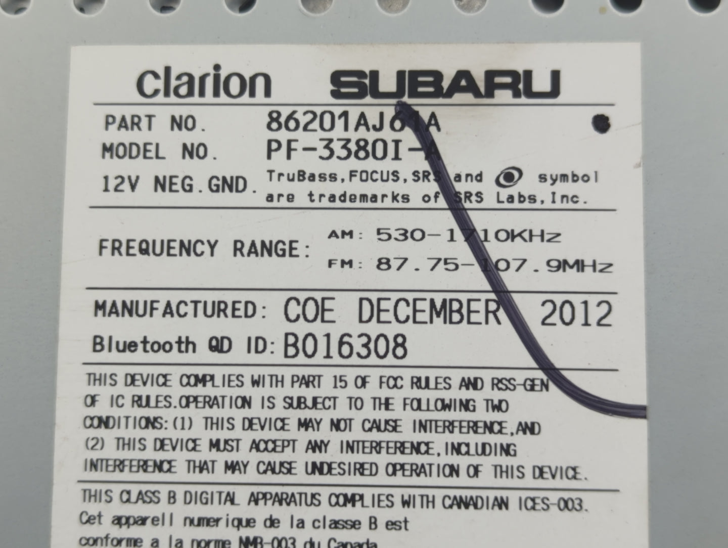 2012-2014 Subaru Legacy Radio AM FM Cd Player Receiver Replacement P/N:86201AJ61A Fits Fits 2012 2013 2014 OEM Used Auto Par