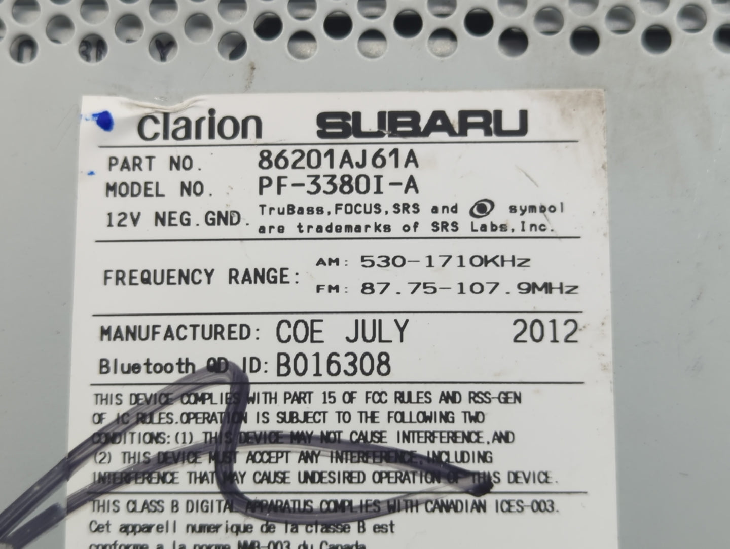 2013-2014 Subaru Legacy Radio AM FM Cd Player Receiver Replacement P/N:86201AJ61A Fits Fits 2013 2014 OEM Used Auto Parts - 