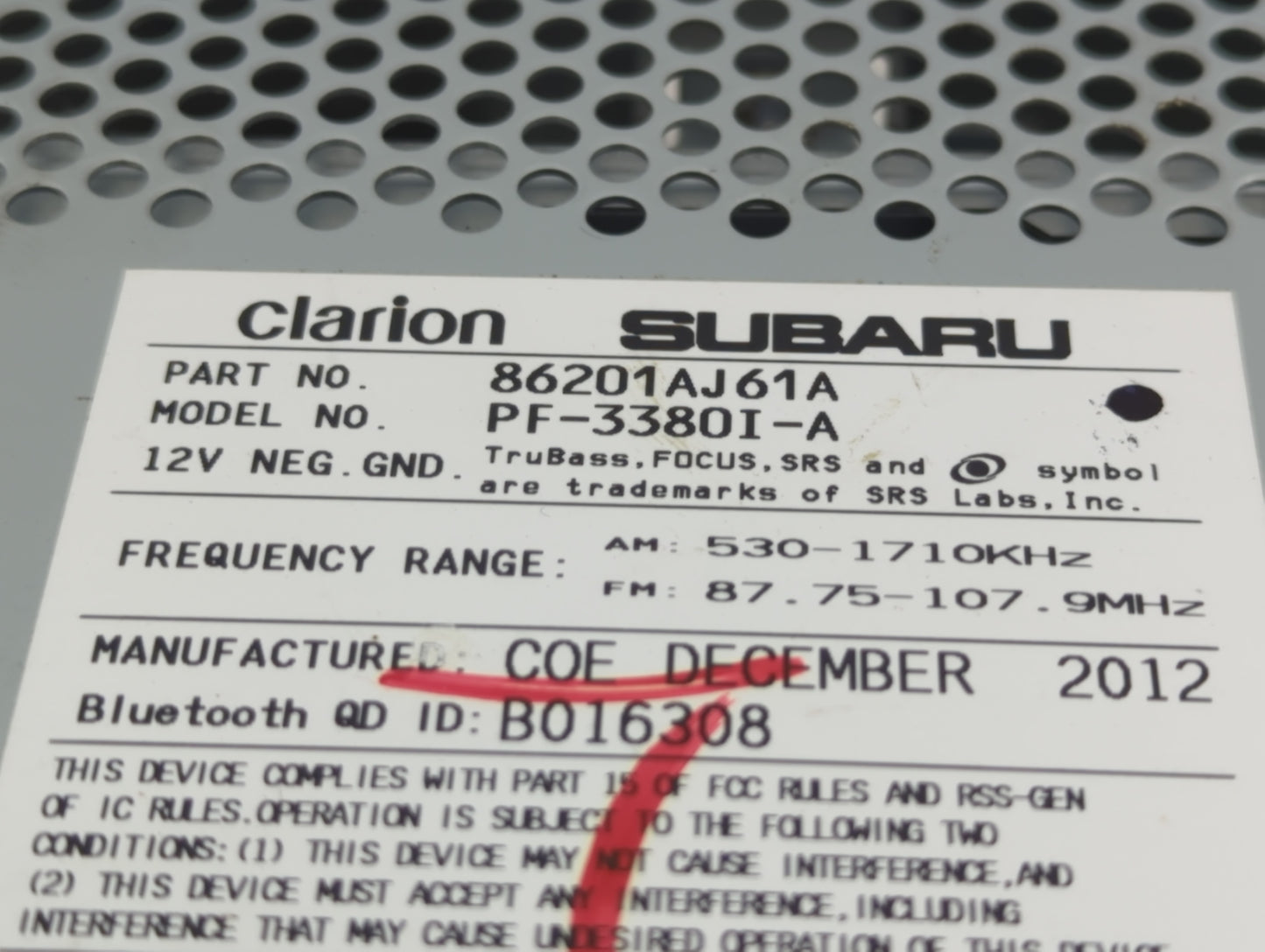2013-2014 Subaru Legacy Radio AM FM Cd Player Receiver Replacement P/N:86201AJ61A PF-3380I-A Fits Fits 2013 2014 OEM Used Au