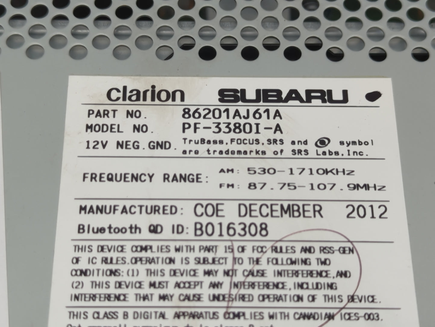 2012-2014 Subaru Legacy Radio AM FM Cd Player Receiver Replacement P/N:86201AJ61A Fits Fits 2012 2013 2014 OEM Used Auto Par
