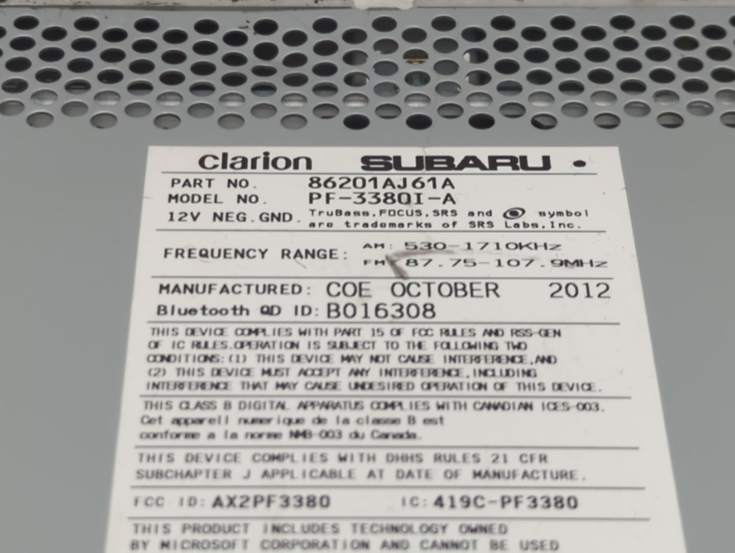2012-2014 Subaru Legacy Radio AM FM Cd Player Receiver Replacement P/N:86201AJ61A Fits Fits 2012 2013 2014 OEM Used Auto Par