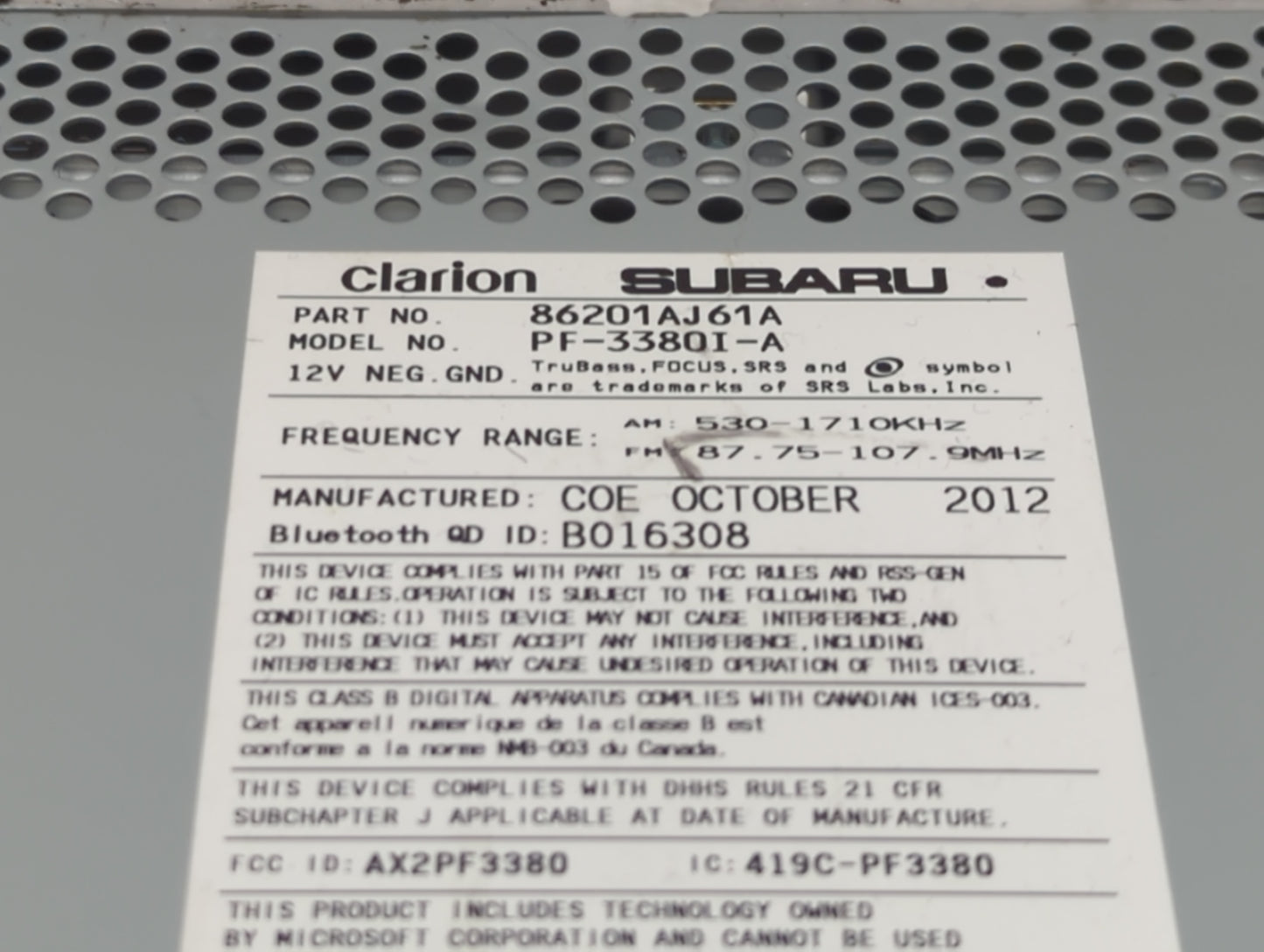 2012-2014 Subaru Legacy Radio AM FM Cd Player Receiver Replacement P/N:86201AJ61A Fits Fits 2012 2013 2014 OEM Used Auto Par