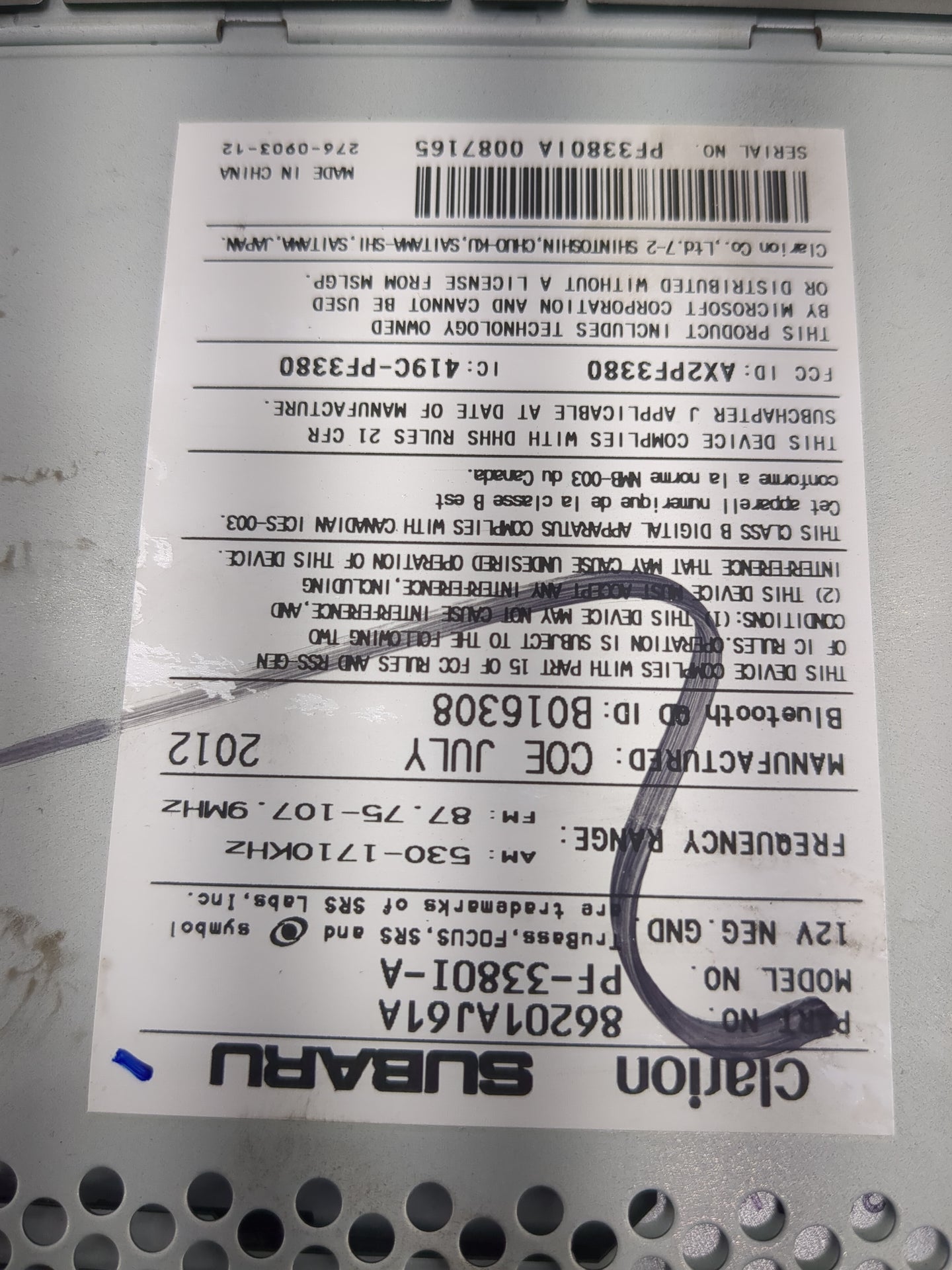 2012-2014 Subaru Legacy Radio AM FM Cd Player Receiver Replacement P/N:86201AJ61A PF-33801-A, PF33801A Fits Fits 2012 2013 2