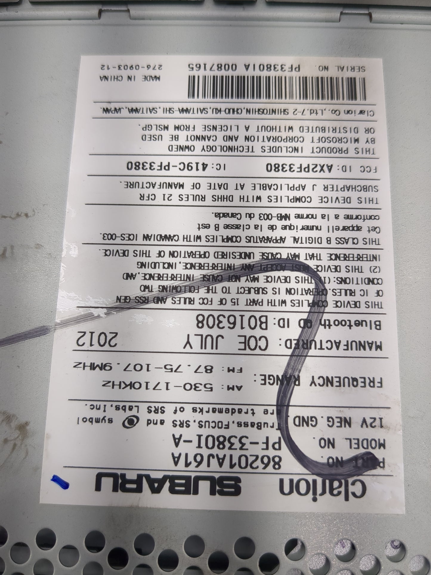 2012-2014 Subaru Legacy Radio AM FM Cd Player Receiver Replacement P/N:86201AJ61A PF-33801-A, PF33801A Fits Fits 2012 2013 2