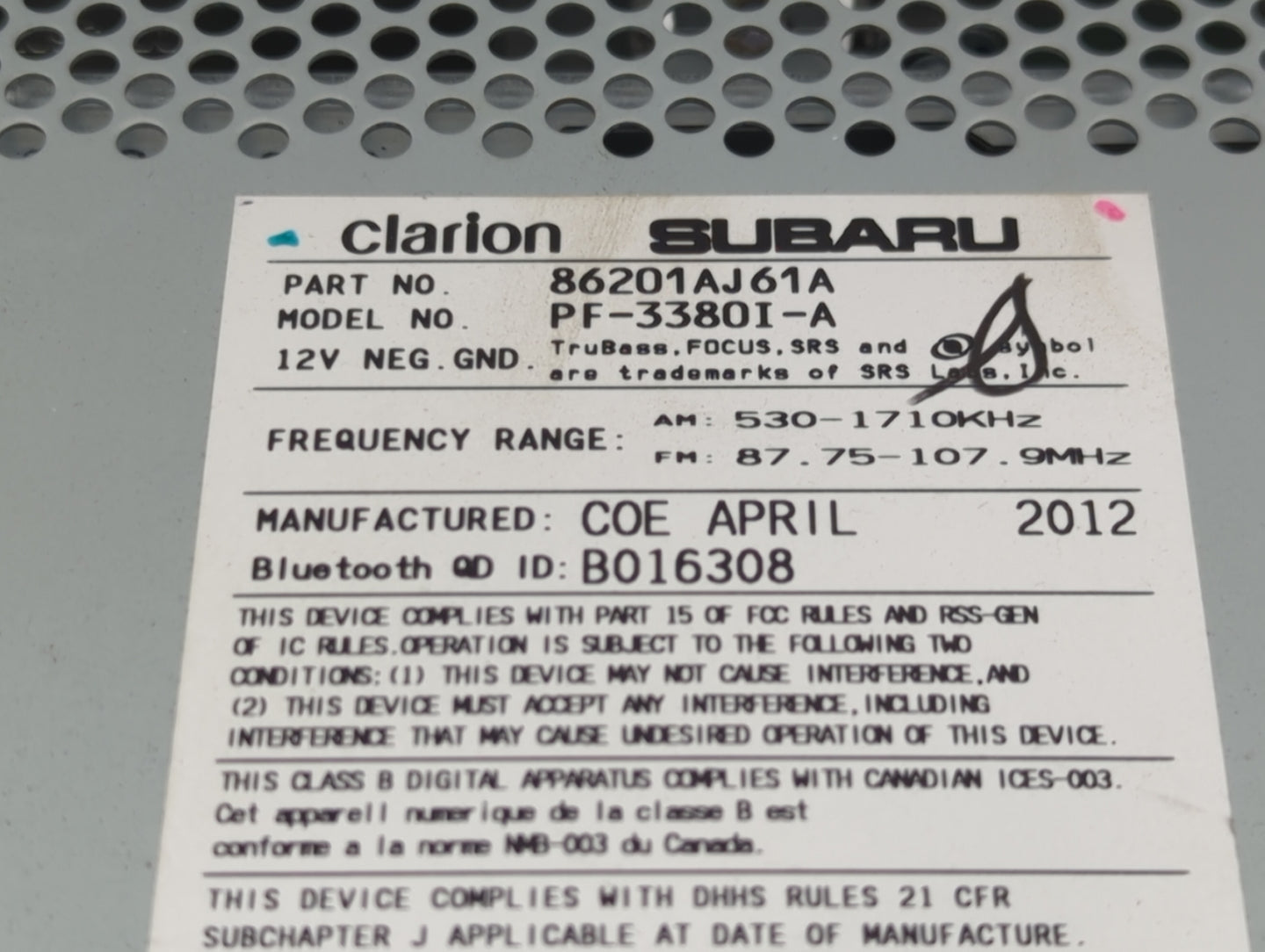 2012-2014 Subaru Legacy Radio AM FM Cd Player Receiver Replacement P/N:86201AJ61A PF-3380I-A, PF33801A Fits Fits 2012 2013 2