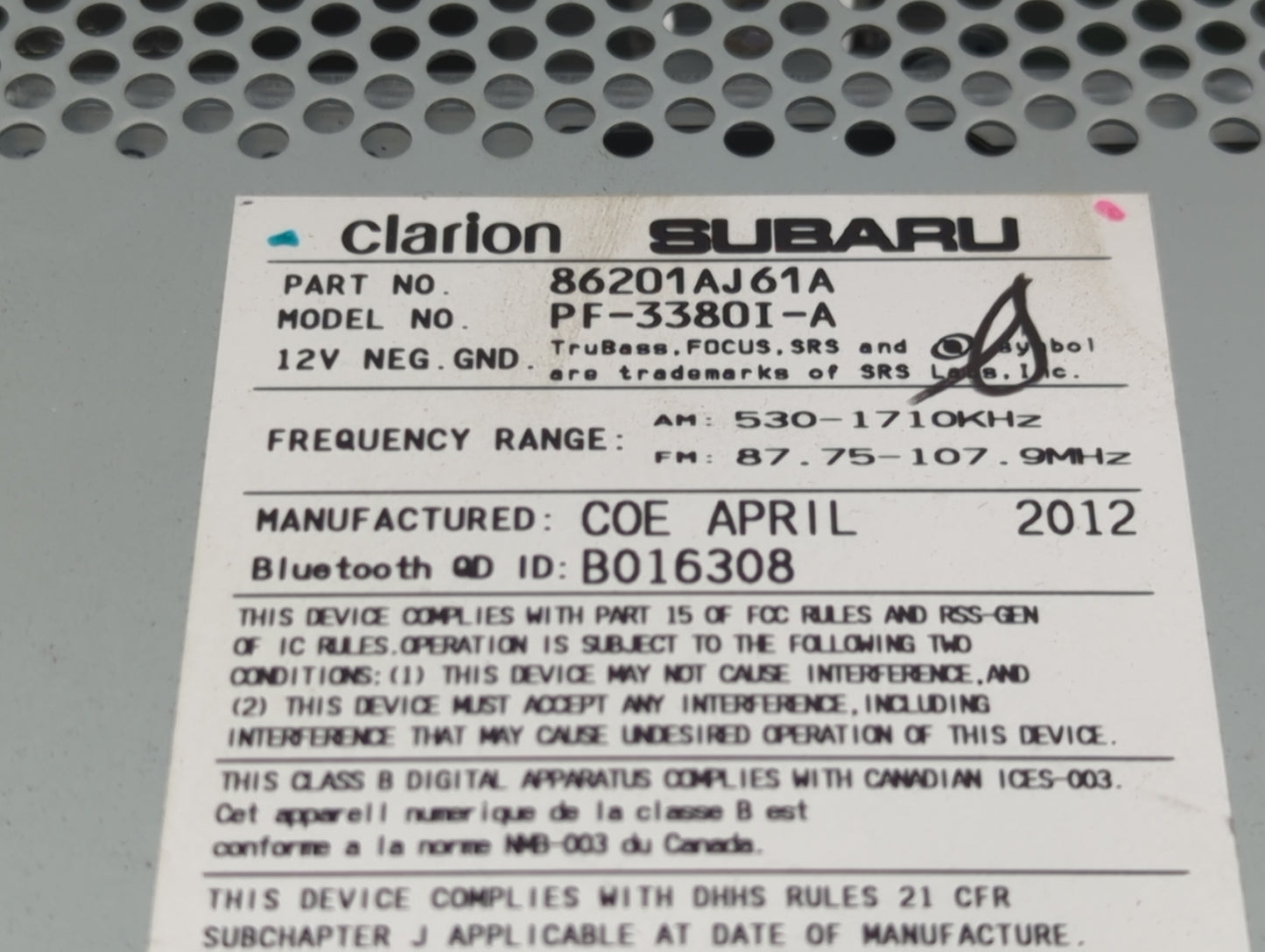 2012-2014 Subaru Legacy Radio AM FM Cd Player Receiver Replacement P/N:86201AJ61A PF-3380I-A, PF33801A Fits Fits 2012 2013 2