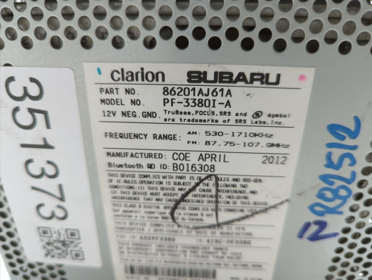 2012-2014 Subaru Legacy Radio AM FM Cd Player Receiver Replacement P/N:86201AJ61A Fits Fits 2012 2013 2014 OEM Used Auto Par
