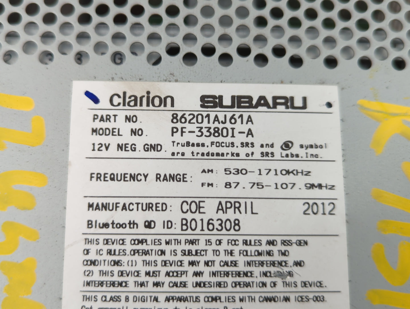2012-2014 Subaru Legacy Radio AM FM Cd Player Receiver Replacement P/N:86201AJ61A Fits Fits 2012 2013 2014 OEM Used Auto Par