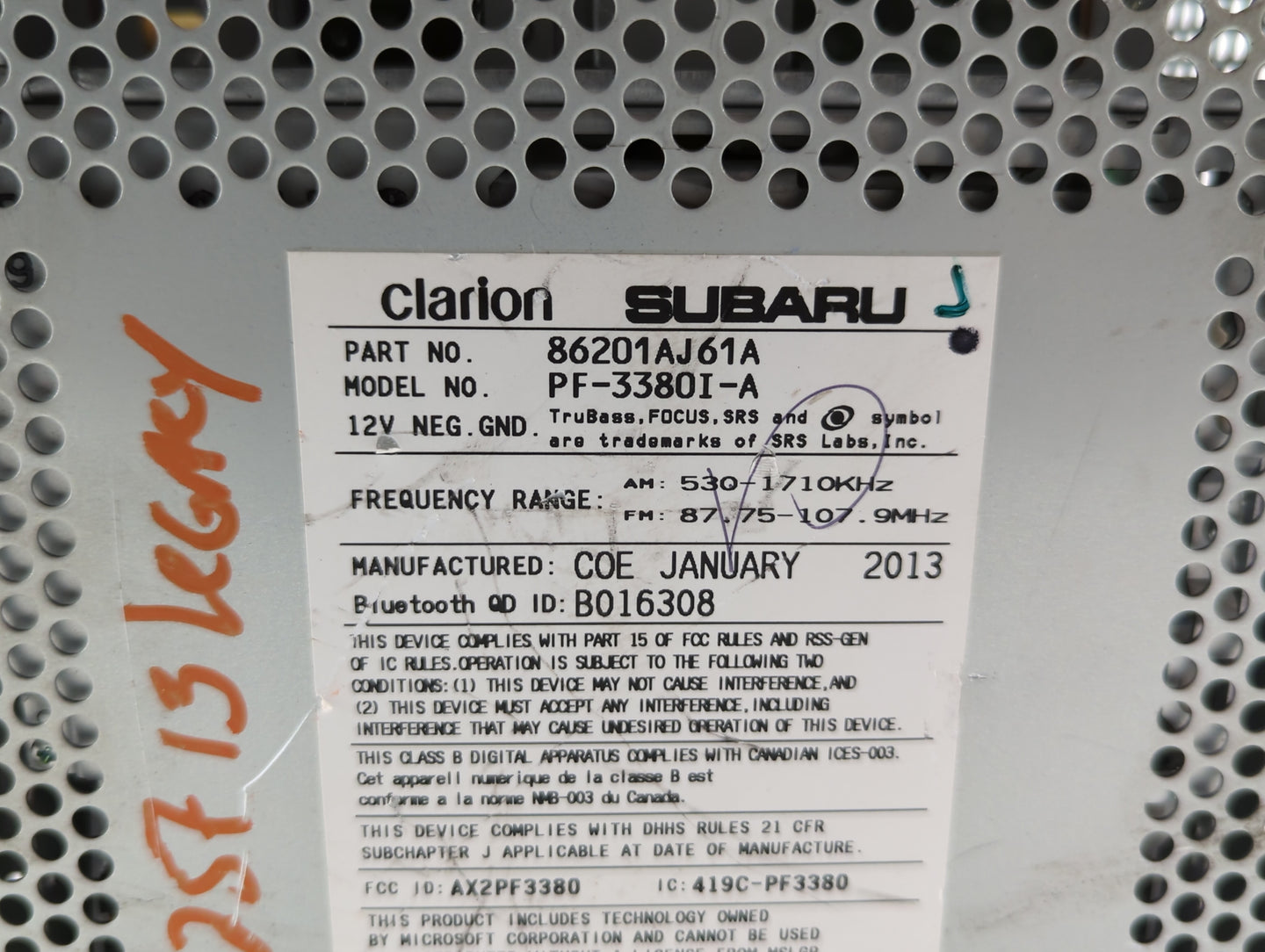 2012-2014 Subaru Legacy Radio AM FM Cd Player Receiver Replacement P/N:86201AJ61A Fits Fits 2012 2013 2014 OEM Used Auto Par