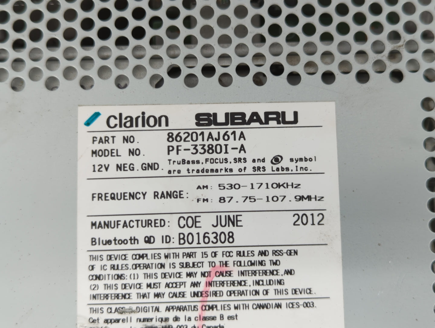 2012-2014 Subaru Legacy Radio AM FM Cd Player Receiver Replacement P/N:86201AJ61A Fits Fits 2012 2013 2014 OEM Used Auto Par