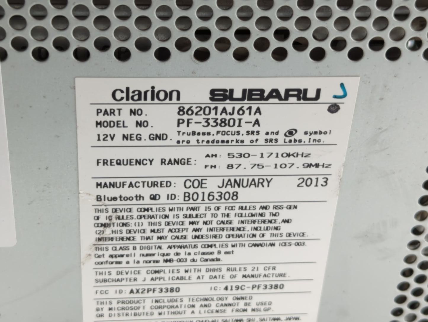 2012-2014 Subaru Legacy Radio AM FM Cd Player Receiver Replacement P/N:86201AJ61A Fits Fits 2012 2013 2014 OEM Used Auto Par