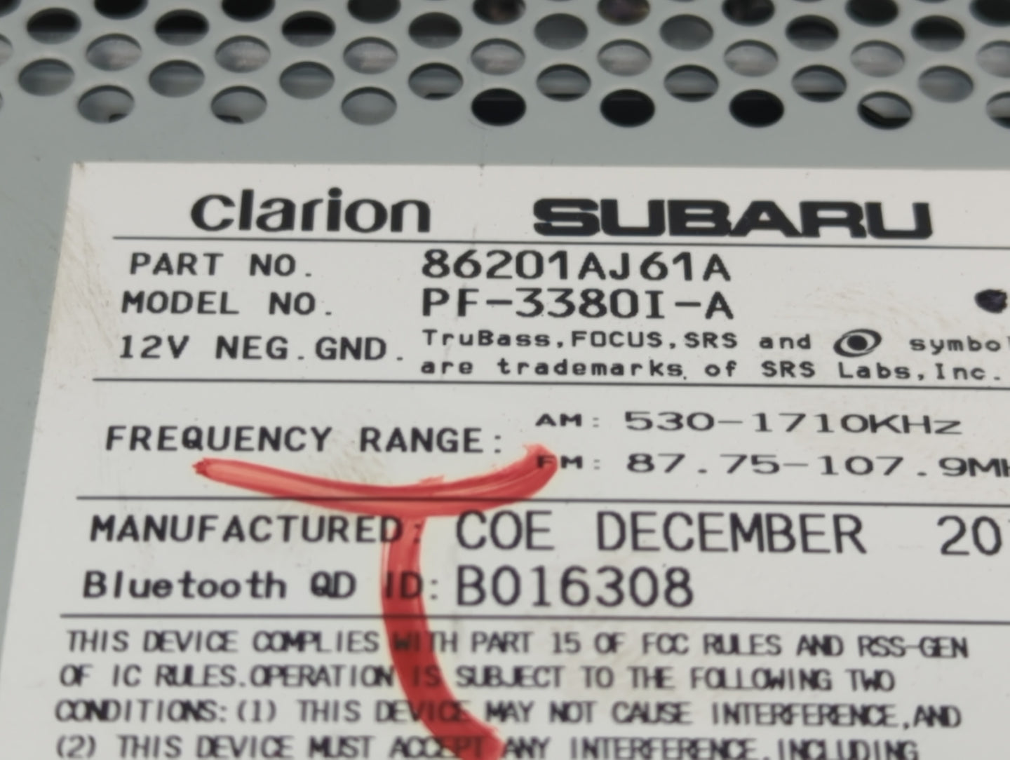 2012-2014 Subaru Legacy Radio AM FM Cd Player Receiver Replacement P/N:86201AJ61A Fits Fits 2012 2013 2014 OEM Used Auto Par