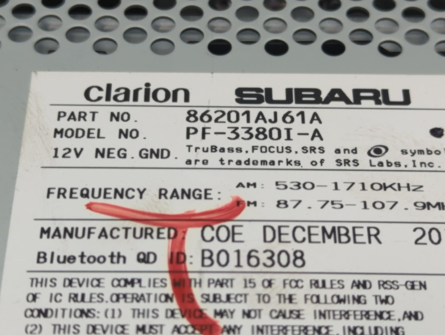 2012-2014 Subaru Legacy Radio AM FM Cd Player Receiver Replacement P/N:86201AJ61A Fits Fits 2012 2013 2014 OEM Used Auto Par