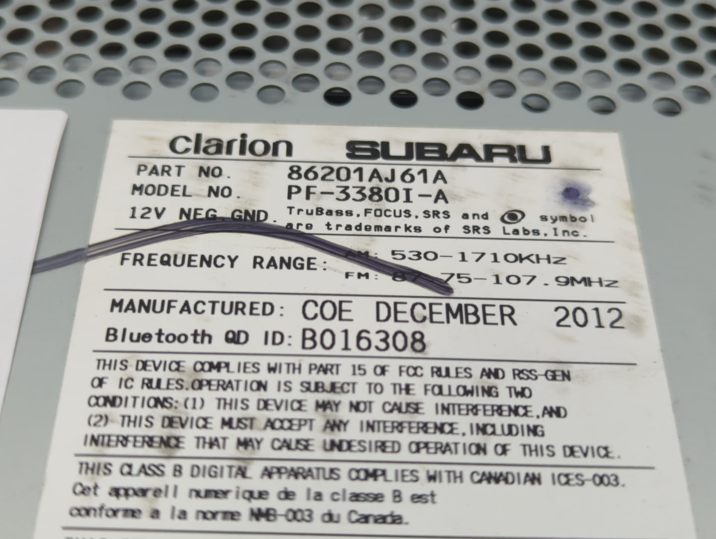 2012-2014 Subaru Legacy Radio AM FM Cd Player Receiver Replacement P/N:86201AJ61A Fits Fits 2012 2013 2014 OEM Used Auto Par