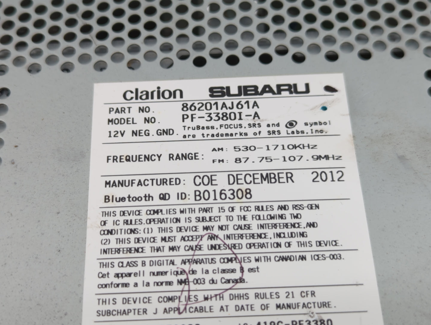 2012-2014 Subaru Legacy Am Fm Cd Player Radio Receiver - Oemusedautoparts1.com