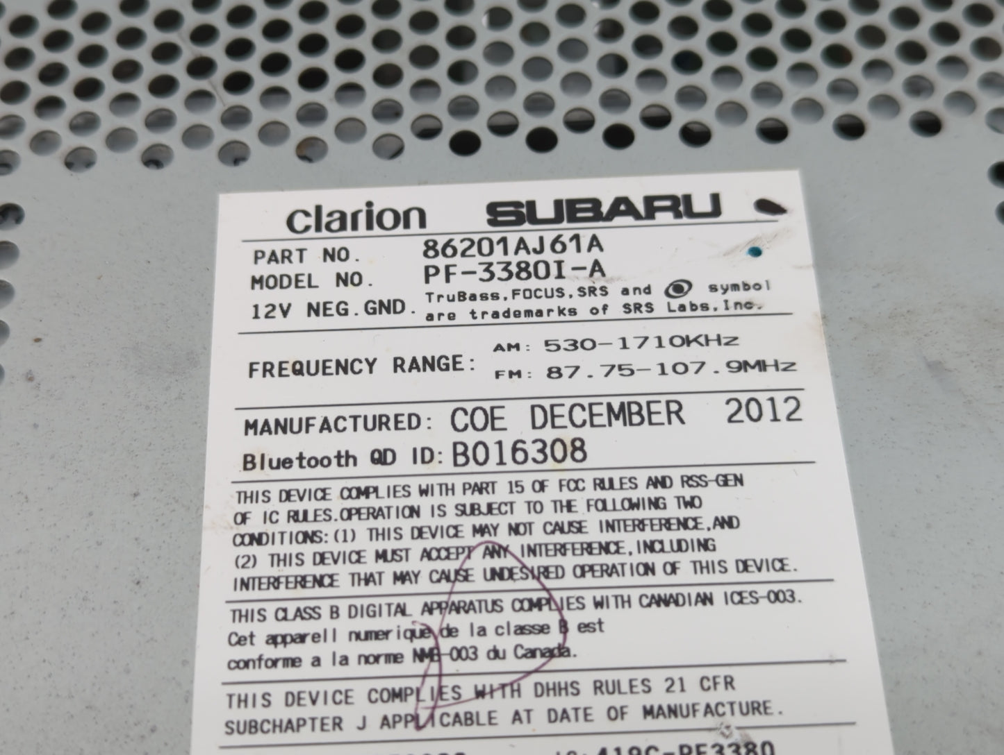 2012-2014 Subaru Legacy Am Fm Cd Player Radio Receiver - Oemusedautoparts1.com