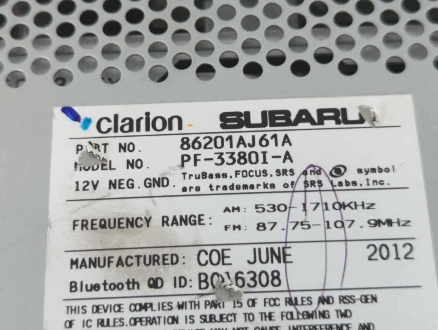 2012-2014 Subaru Legacy Radio AM FM Cd Player Receiver Replacement P/N:86201AJ61A Fits Fits 2012 2013 2014 OEM Used Auto Par