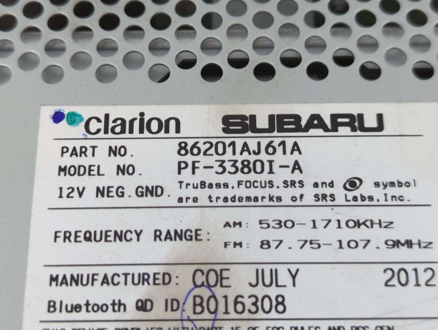 2012-2014 Subaru Legacy Radio AM FM Cd Player Receiver Replacement P/N:86201AJ61A Fits Fits 2012 2013 2014 OEM Used Auto Par