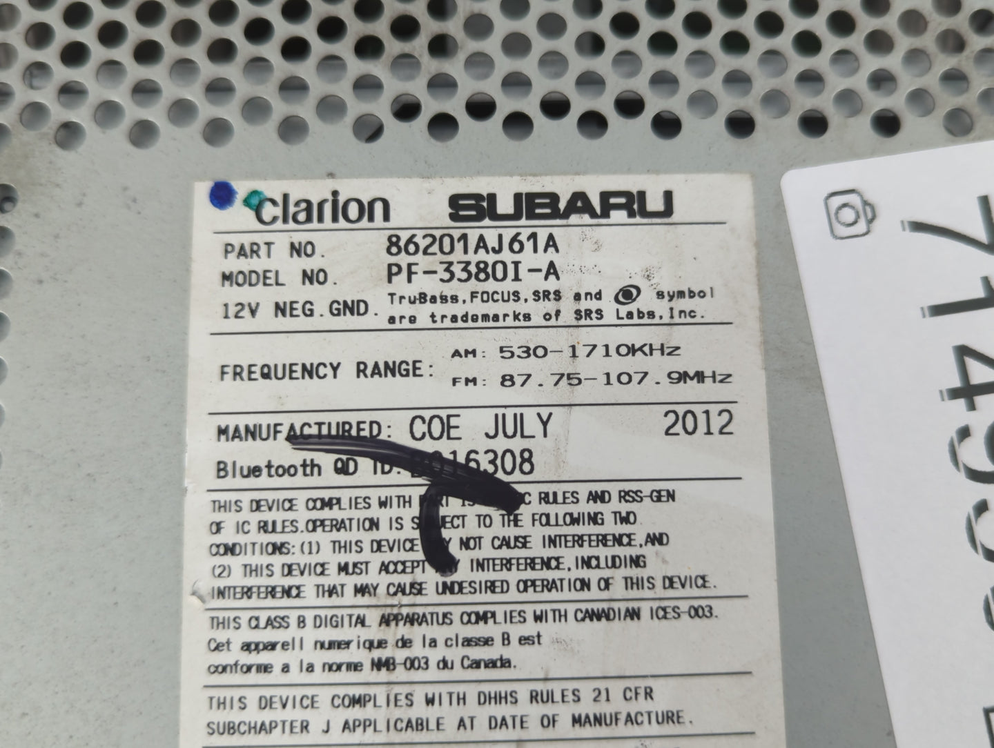 2012-2014 Subaru Legacy Radio AM FM Cd Player Receiver Replacement P/N:86201AJ61A Fits Fits 2012 2013 2014 OEM Used Auto Par