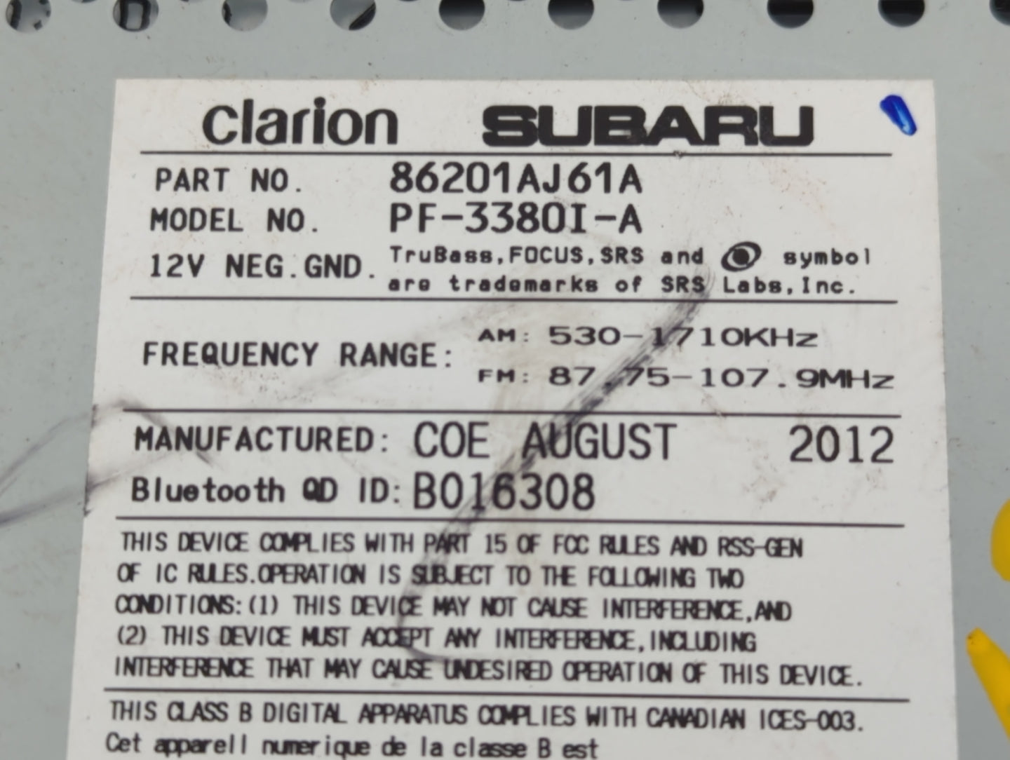 2012-2014 Subaru Legacy Radio AM FM Cd Player Receiver Replacement P/N:86201AJ61A Fits Fits 2012 2013 2014 OEM Used Auto Par